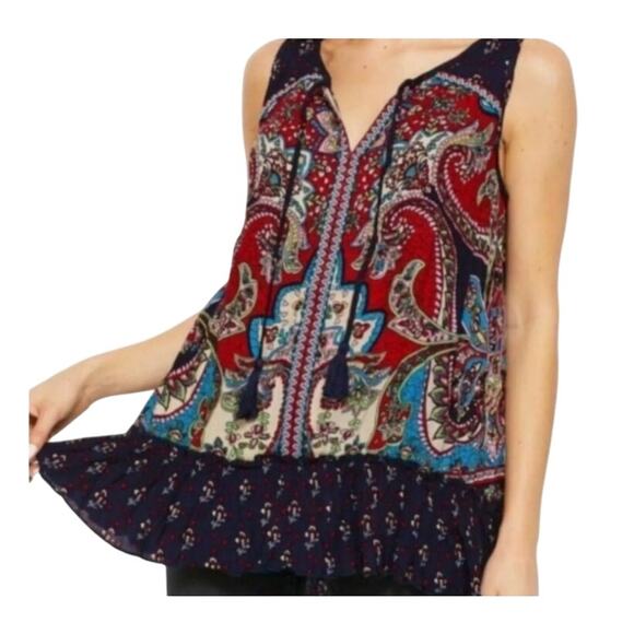 Bila Large Bright Multicolored Boho Paisley Floral Ruffle Hem Tassel Top EUC - Picture 1 of 3
